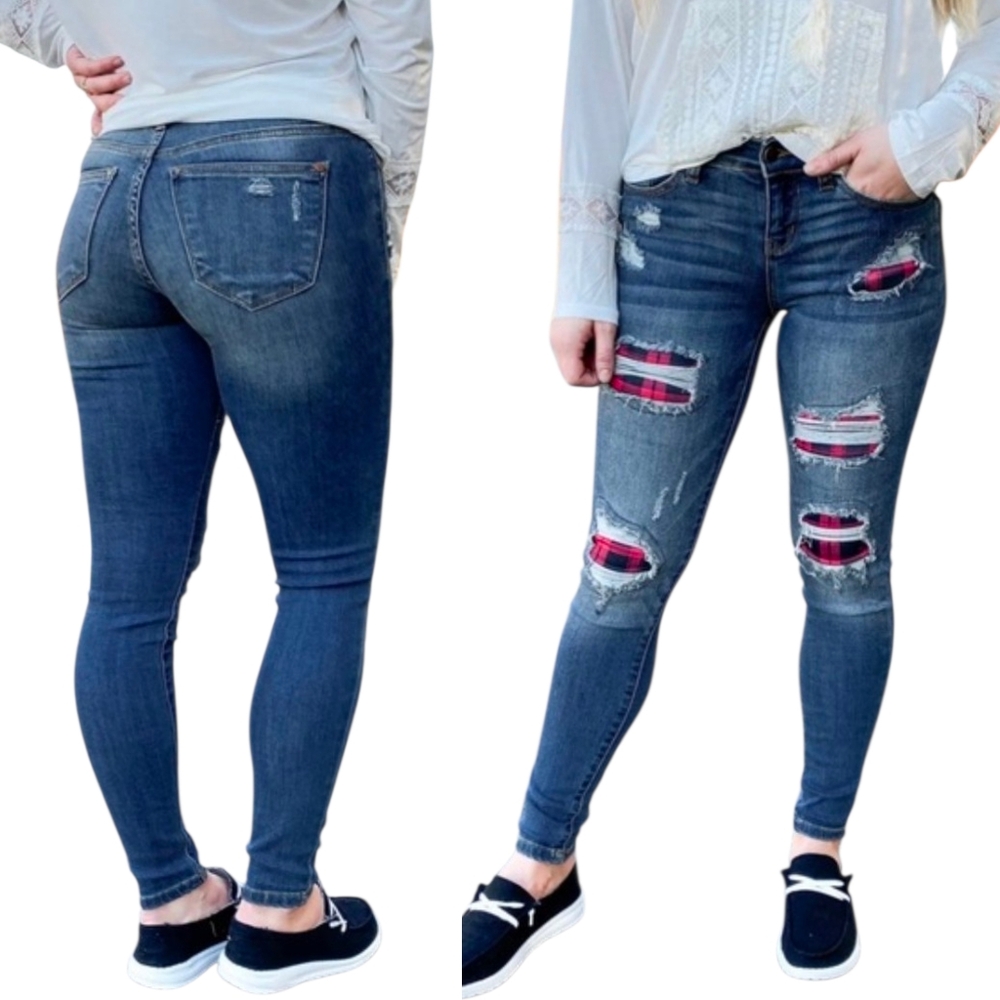 Judy Blue Plus Buffalo Plaid Patch Skinny Jean Distressed High Rise Stretch 20W